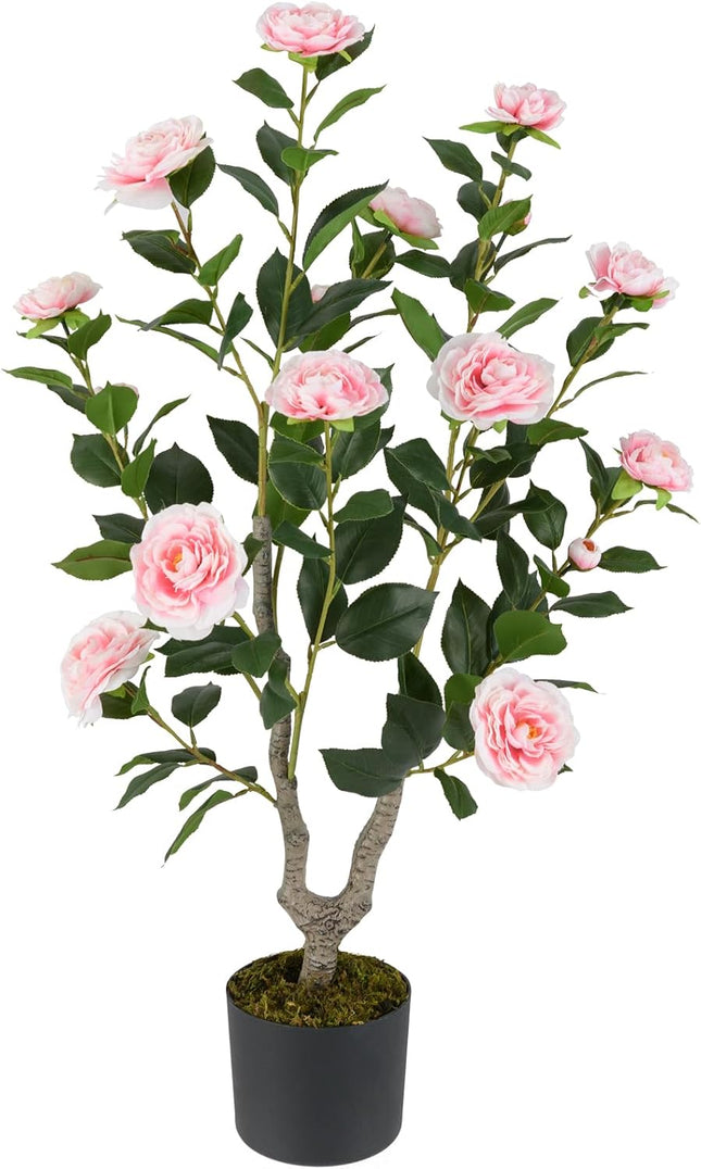 Goplus 36’’ Artificial Camellia Tree Faux Floral Plant Blooming Tree in Nursery Pot