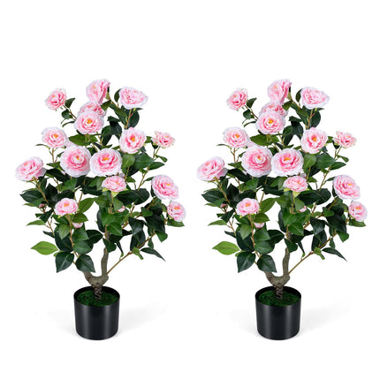 Goplus 35.5" Artificial Camellia Tree Faux Floral Plant Blooming Tree in Cement Pot (1/2 Pack)
