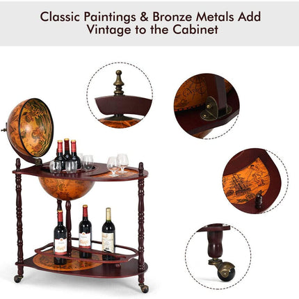 34" Wood Globe Wine Bar Stand 16th Century Italian Rack Bigger Shelf for More Liquor Bottle - GoplusUS