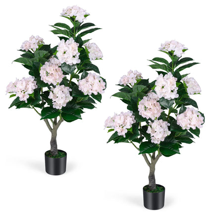 Goplus 2 Pack Artificial Hydrangea Tree w/11 White Flowers & Realistic Trunk in Plastic Nursery Pot