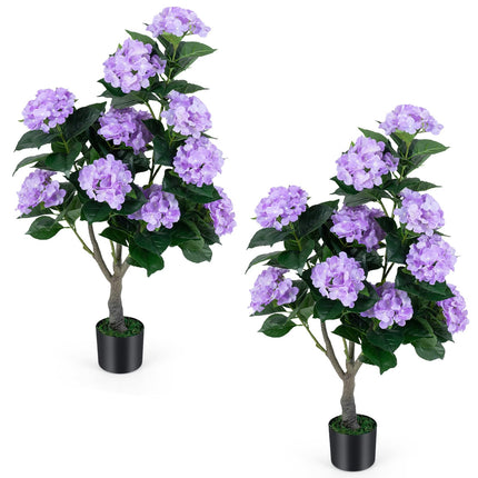 Goplus 2 Pack Artificial Hydrangea Tree w/11 White Flowers & Realistic Trunk in Plastic Nursery Pot