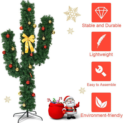 Pre-Lit Artificial Cactus Christmas Tree with LED Lights and Ball Ornaments -  Goplus