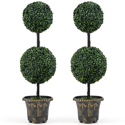Goplus 3 FT Artificial Boxwood Topiary Tree Sun-Protective Double Ball Faux Potted Plants (1/2)