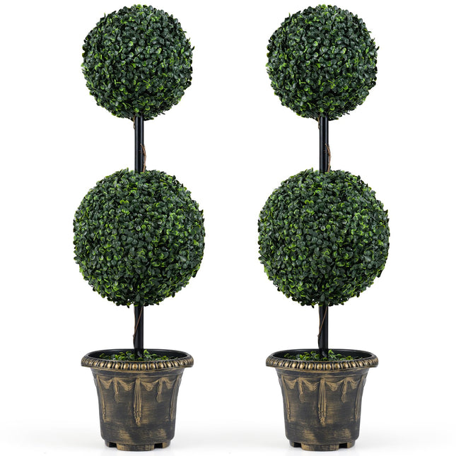 Goplus 3 FT Artificial Boxwood Topiary Tree Sun-Protective Double Ball Faux Potted Plants (1/2)