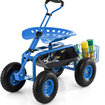 Garden Cart Gardening Workseat w/Wheels, Patio Wagon Scooter for Planting, 38"D x 17"W x 21"H