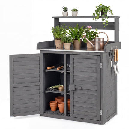 Goplus Outdoor Potting Bench Table, Gardening Table w/Storage Cabinet, Galvanized Metal Tabletop