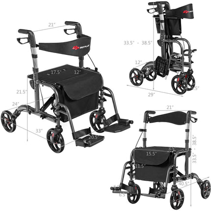 2 in 1 Folding Rollator Walker, 4 Wheel Medical Rolling Walker - GoplusUS
