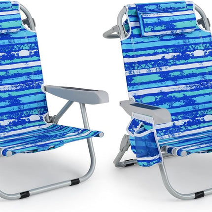 Goplus Folding Backpack Beach Chairs, Aluminum Sling Camping Chair with 5-Position Backrest, Towel Hanging Rack