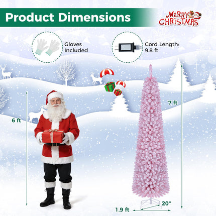 Goplus 6 FT/7 FT Pink Flocked Pre-Lit Pencil Christmas Tree | Slim Decoration Tree for Home Office
