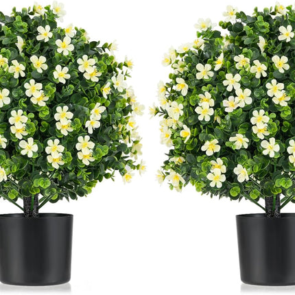 Goplus Set of 2 Faux Potted Plants Artificial Shrubs Bushes with Flowers