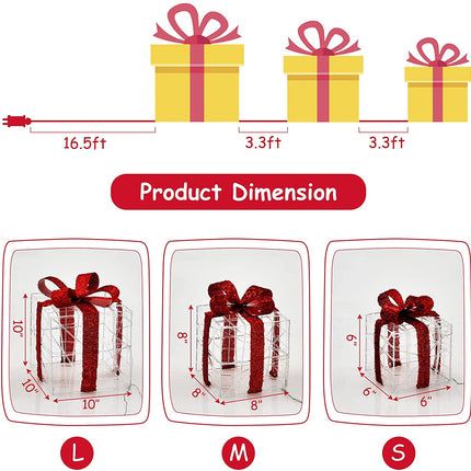 Lighted Gift Boxes Christmas Decoration, Set of 3 White Present Ornament Boxes with 60 LED Lights - GoplusUS