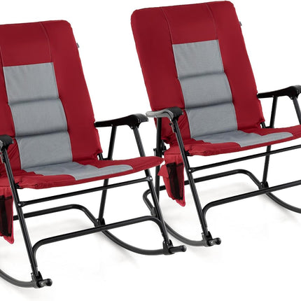 Goplus Oversized Folding Rocking Chair, Padded Patio Lounge Rocker w/Metal Frame, Armrests, Side Pocket