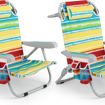 Goplus Folding Backpack Beach Chairs, Aluminum Sling Camping Chair with 5-Position Backrest, Towel Hanging Rack