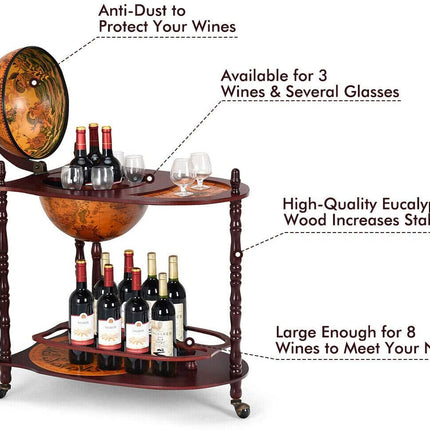 34" Wood Globe Wine Bar Stand 16th Century Italian Rack Bigger Shelf for More Liquor Bottle - GoplusUS