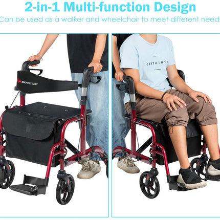 2 in 1 Folding Rollator Walker, 4 Wheel Medical Rolling Walker - GoplusUS