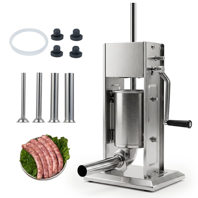 Goplus Manual Sausage Stuffer | Stainless Steel Meat Filling Machine w/2 Speeds & 4 Stuffing Tubes