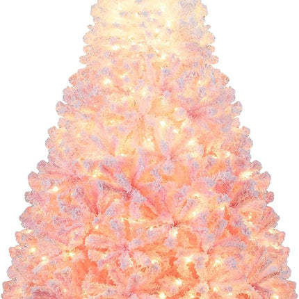 Goplus Pre-Lit Snow Flocked Christmas Tree Artificial Hinged Xmas Full Tree