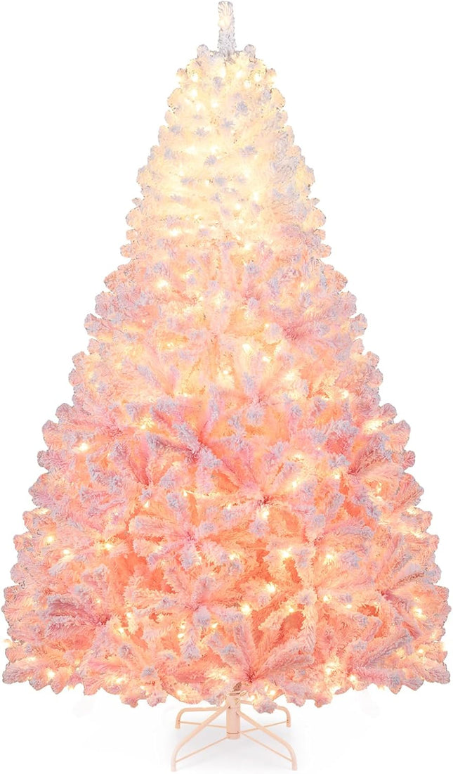 Goplus Pre-Lit Snow Flocked Christmas Tree Artificial Hinged Xmas Full Tree