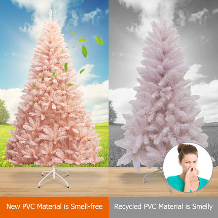 Artificial Pink Christmas Tree, 6ft/7ft Premium Unlit Hinged Spruce Full Tree - GoplusUS