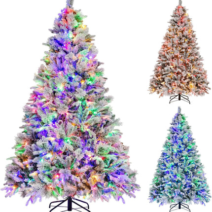 Goplus Pre-Lit Snow Flocked Christmas Tree, Artificial Hinged Xmas Tree with 160 Multi-Color LED Lights