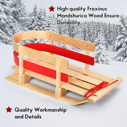 Wooden Sled, Snow Wood Sled Pull Steering Slider with Solid Wood Seat