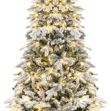 Goplus Pre-Lit Snow Flocked Christmas Tree, Artificial Hinged Xmas Tree with Branch Tips, PE & PVC Mixed Leaves