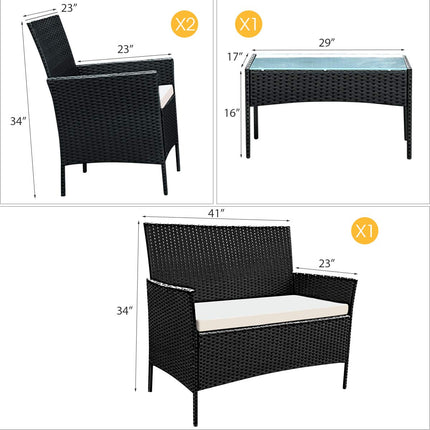 Rattan Sofa Furniture Set Outdoor Garden Patio 4-Piece Cushioned Seat Wicker (Black)