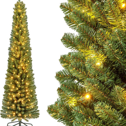 Goplus Pre-Lit Pencil Christmas Tree with Memory Wire Branch Tips & Warm White LED Lights