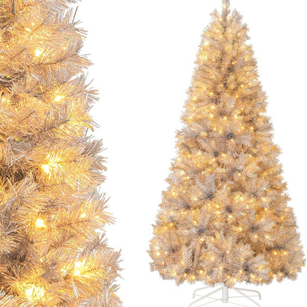 Goplus 5ft / 6ft /7ft  Pre-Lit Christmas Tree with Silver Tinsel Leaves & Upgraded Metal Stand