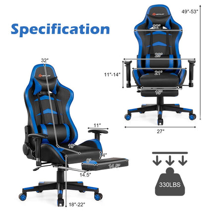 Massage Gaming Chair, Reclining Backrest, Handrails and Seat Height Adjustment - GoplusUS