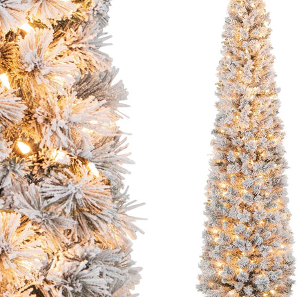 Goplus 4.5ft / 6ft / 7ft Pre-Lit Snow Flocked Pencil Christmas Tree for Home Office Holiday Decor