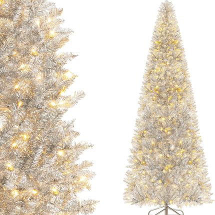 Goplus 6ft Pre-lit Silver Pencil Christmas Tree, Artificial Tinsel Electroplated Tree, Decor for Home
