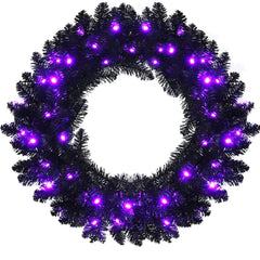 24' Black Halloween Wreath, Pre-lit Artificial Christmas Wreath - GoplusUS
