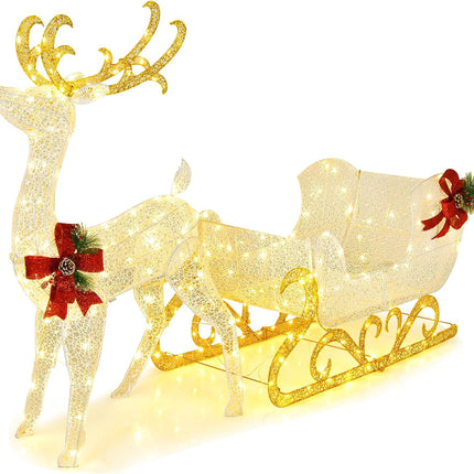 Goplus Lighted Christmas Reindeer & Sleigh | Glittered Holiday Standing Ornaments