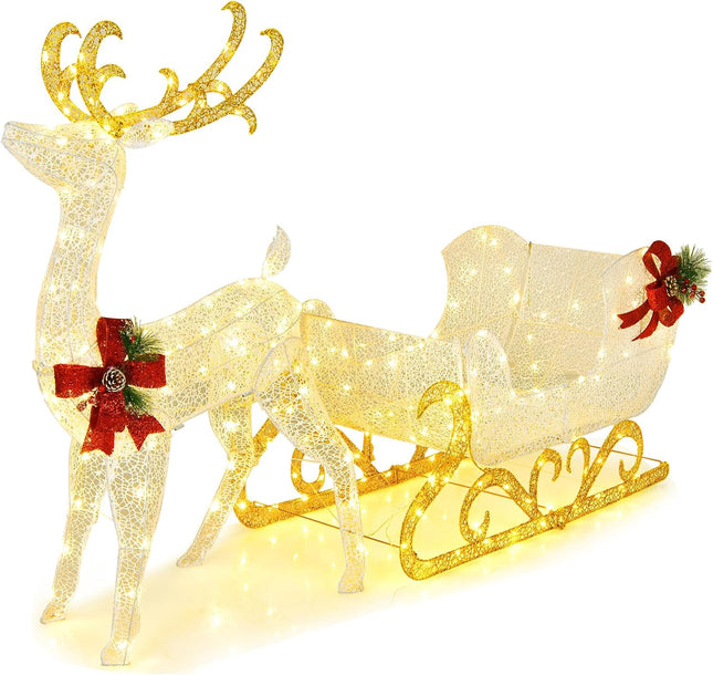 Goplus Lighted Christmas Reindeer & Sleigh | Glittered Holiday Standing Ornaments