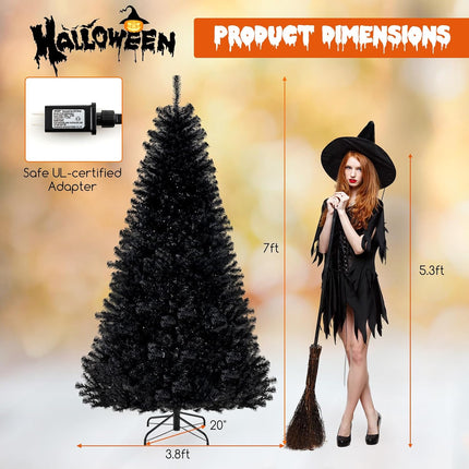 Goplus 6/7/8 FT Pre-Lit Black Halloween Tree, Artificial Hinged Christmas Tree with 280/380/500 Orange & Purple LED Lights