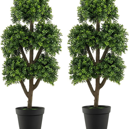 Goplus Artificial Boxwood Topiary Tree, 45” Tall Faux Potted Plants with 5 Ball-Shaped Topiaries, Cement Flowerpot
