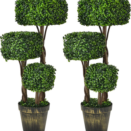 36' Artificial Triple Square Shaped Boxwood Topiary Tree W/ Cement-Filled Plastic Pot