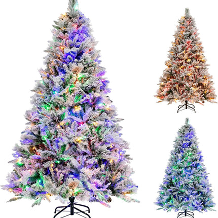 Goplus Pre-Lit Snow Flocked Christmas Tree, Artificial Hinged Xmas Tree with 160 Multi-Color LED Lights