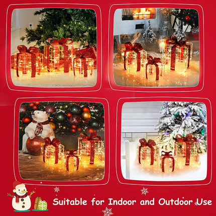 Lighted Gift Boxes Christmas Decoration, Set of 3 White Present Ornament Boxes with 60 LED Lights - GoplusUS