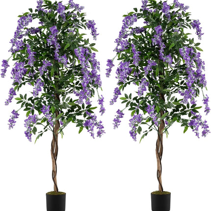 Goplus 6FT Ficus Artificial Tree Faux Wisteria Tree in Nursery Pot with Purple Lifelike Flowers