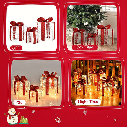 Lighted Gift Boxes Christmas Decoration, Set of 3 White Present Ornament Boxes with 60 LED Lights - GoplusUS