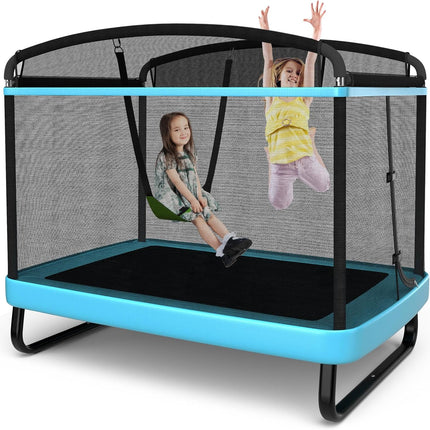Goplus 6FT Kids Trampoline with Swing, ASTM Approved Rectangle Recreational Trampoline w/Enclosure Safety Net