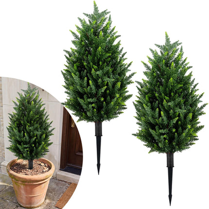 Goplus 2 Pack 3.3 ft Artificial Trees Sun-Resistant Faux Cone Bushes with Ground Spikes