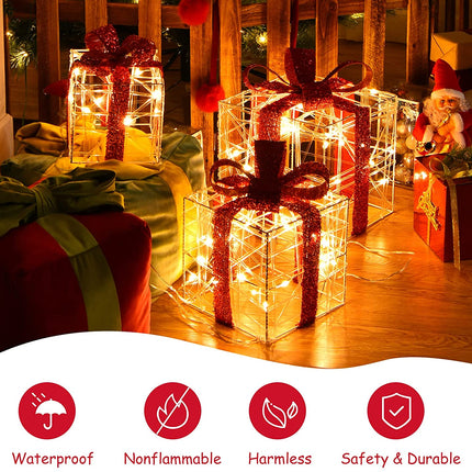 Lighted Gift Boxes Christmas Decoration, Set of 3 White Present Ornament Boxes with 60 LED Lights - GoplusUS