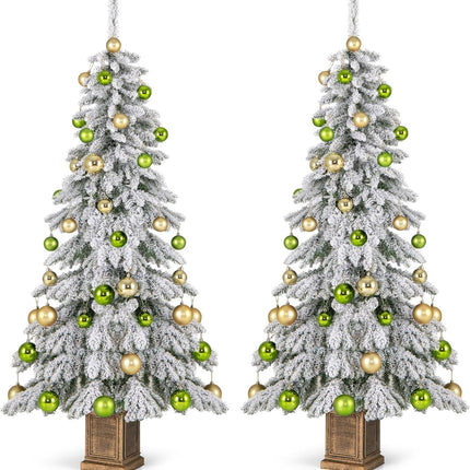 Goplus 6ft Snow Flocked Christmas Tree for Entrances, Hinged Artificial Potted Xmas Tree with 48 Ball Ornaments