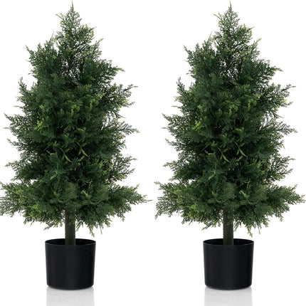 Goplus 31.5'' Artificial Cedar Topiary Trees for Outdoors, Potted Fake Cypress Trees with Cement Plastic Pot