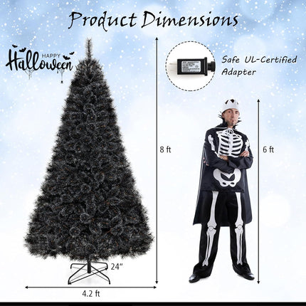 Goplus 6/7/8 ft Pre-Lit Black Halloween Christmas Tree, Artificial Hinged Xmas Full Tree with 362/572/860 Pine Needles & PVC Branch Tips