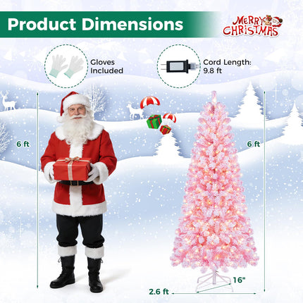 Goplus 5ft/6ft/7ft Pink Pre-Lit Flocked Christmas Trees | Holiday Decoration Tree for Home Office Party