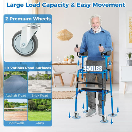 Goplus 450 Lbs Foldable Standard Walker with 5" Wheels and Removable Armrests
